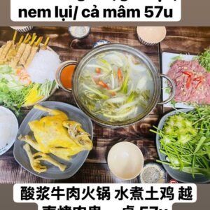 酸浆牛肉火锅 水煮土鸡 越南烤串 FERMENTED RICE DIPPING BEEF+BOILED CHICKEN+GRILLED PORK SKEWERS    BÒ NHÚNG MẺ+GÀ LUỘC+ NEM LỤI